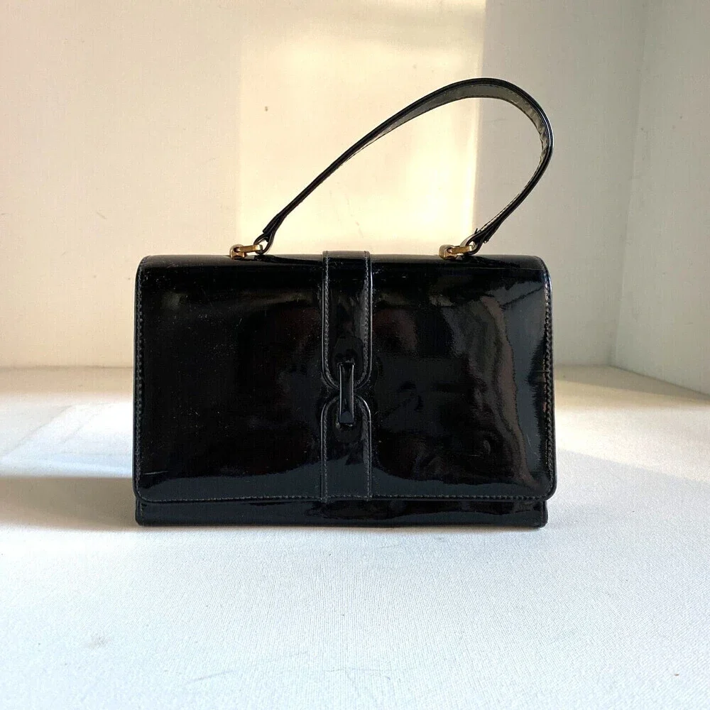 Vintage Black Paten Leather Small Box Structured Top Handle Bag